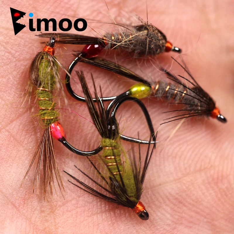 Bimoo 6PCS/Lot #12 Hare's ear Nymph Fly Rainbow Brown Brook Trout Greyling Caddis Nymph Lures Barbless Hook Fishing Wet Flies