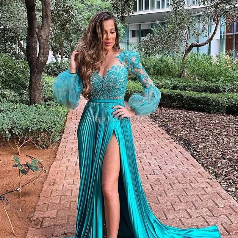 LORIE Blue Evening Dresses Appliques Scoop A-Line จีบสูงด้านข้างแยกแขนยาวเซ็กซี่ Prom พรรคสำหรับการสำเร็จการศึกษา