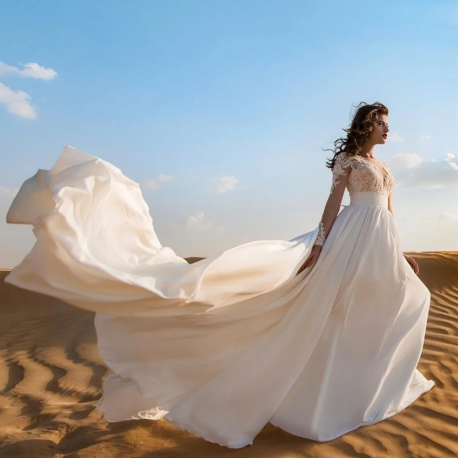 Vestidos para boda De chifón con cuello en V y manga larga, Apliques De encaje transparente, Vestido De Novia De verano