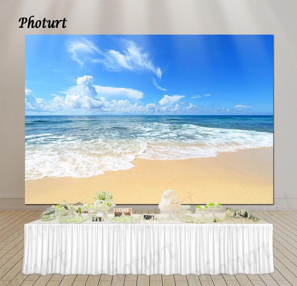 

PHOTURT Sea Beach Background Birthday Wedding Backdrop Blue Ocean Wave Sky Polyester Vinyl Banner Photography Studios Props