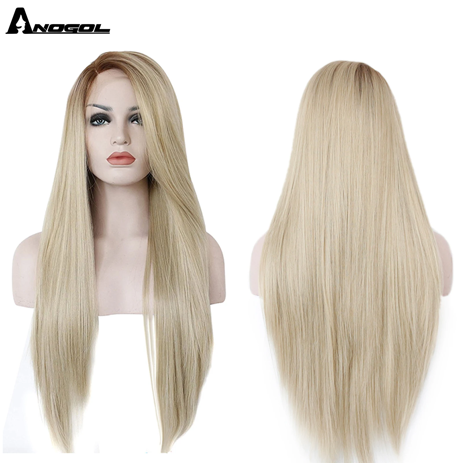 ANOGOL Synthetic Long Straight Ombre Brown to Blonde T Part Lace Wig for White Women High Temperature Fiber Glueless Cosplay Wig