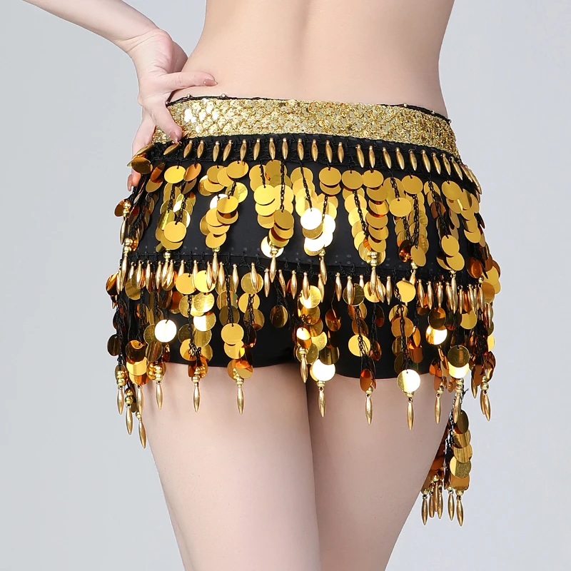 สะโพกผ้าพันคอ Belly Dance เข็มขัด Sequins เหรียญเข็มขัดโปร่งใสเส้นด้ายลูกปัด Fringes เต้นรำอุปกรณ์เสริม Oriental Dance ผู้หญิง