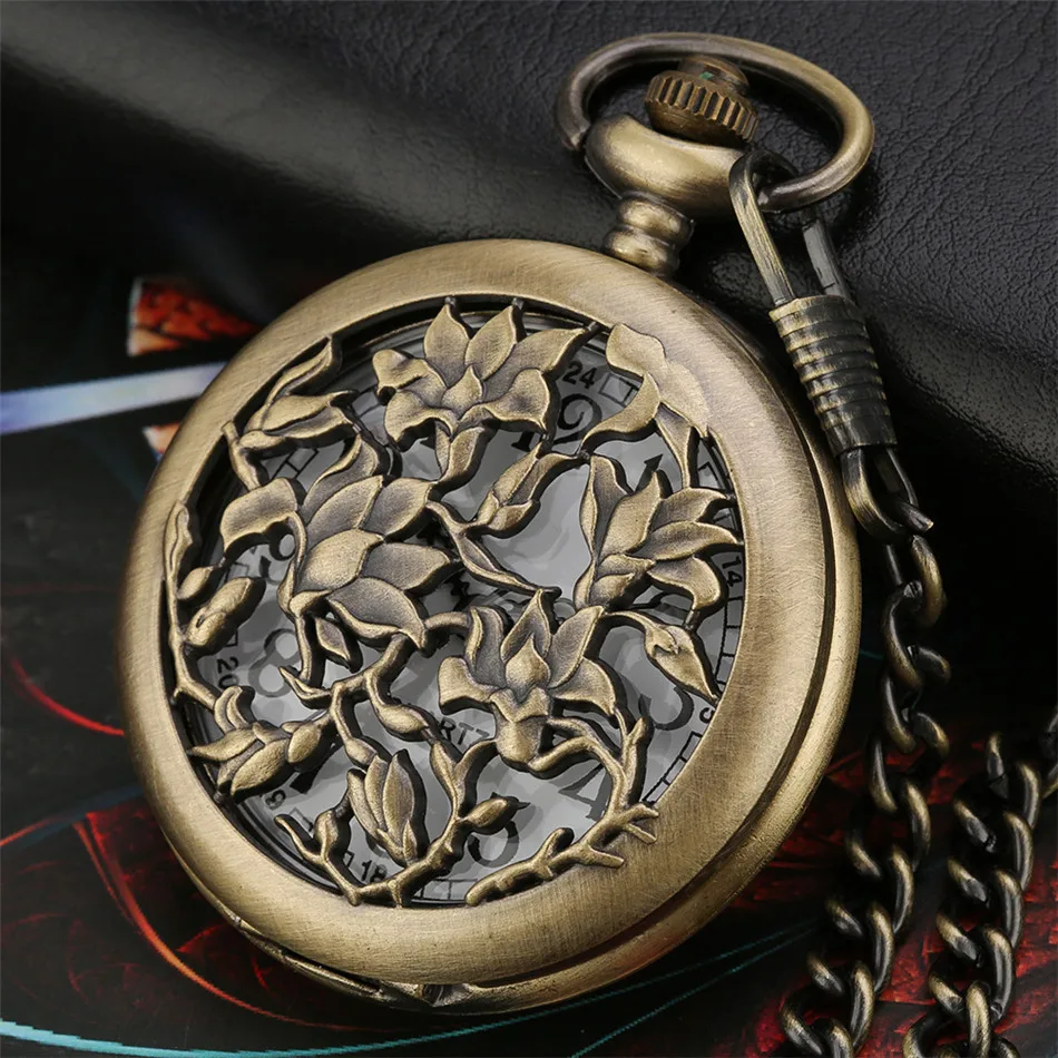 Engraved Bronze Flowers Cover Pendant Pocket Watch Quartz Movement Retro Sweater Chain Necklace Antique Pocket Clock