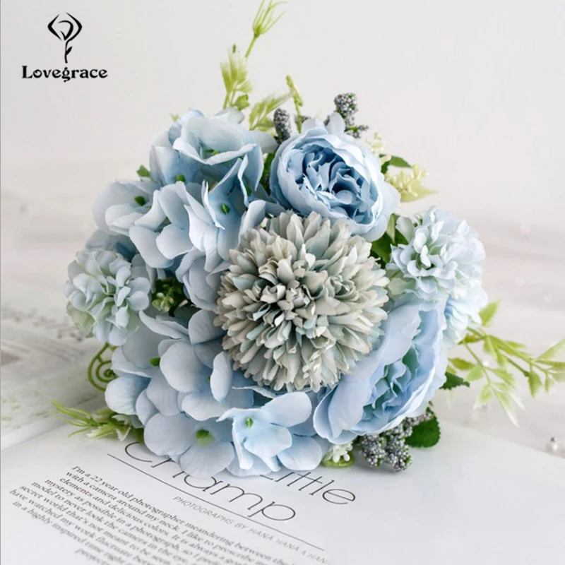 Lovegrace Bouquet da Sposa Rosa Della Seta Artificiale Del Fiore Del Peony Bouquet Della Sposa Rosa Ortensia Pompon Bud Vaniglia Spike di Cerimonia Nuziale di Alimentazione