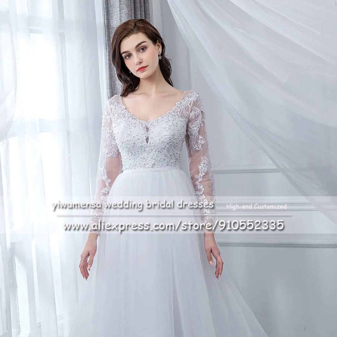 A20 Long Sleeves Tulle Beach Wedding Dress Simple Sexy Backless Bridal Gown Plus Size Romantic Lace Beaded Robe De Marriage 2020