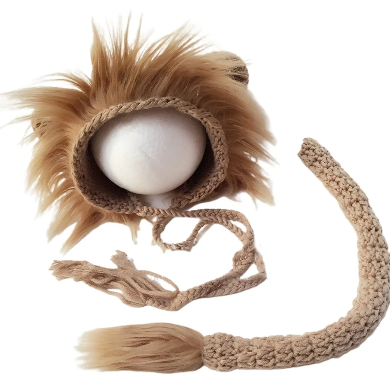 

2 Pcs Baby Props Lion Hat Tail Set Newborn Photography Costumes Knitted Outfits P31B