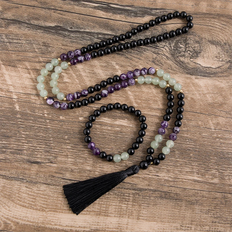 

8mm Natural Amethyst and Aventurine Black Onyx Beadeds Necklace 108 Mala Bead Meditation Yoga Jewelry Japamala Rosary Sets