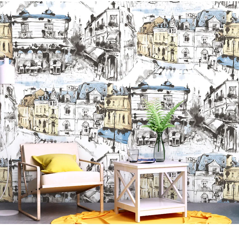 Hand-painted abstract black and white city street creative personality art wallpaper restaurant bar cafe wallpape