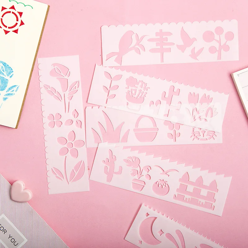 8pcs Rectangular Painting Template Hand Account Multifunctional Hollow Lace Ruler Coloring Template Children Hand Copy