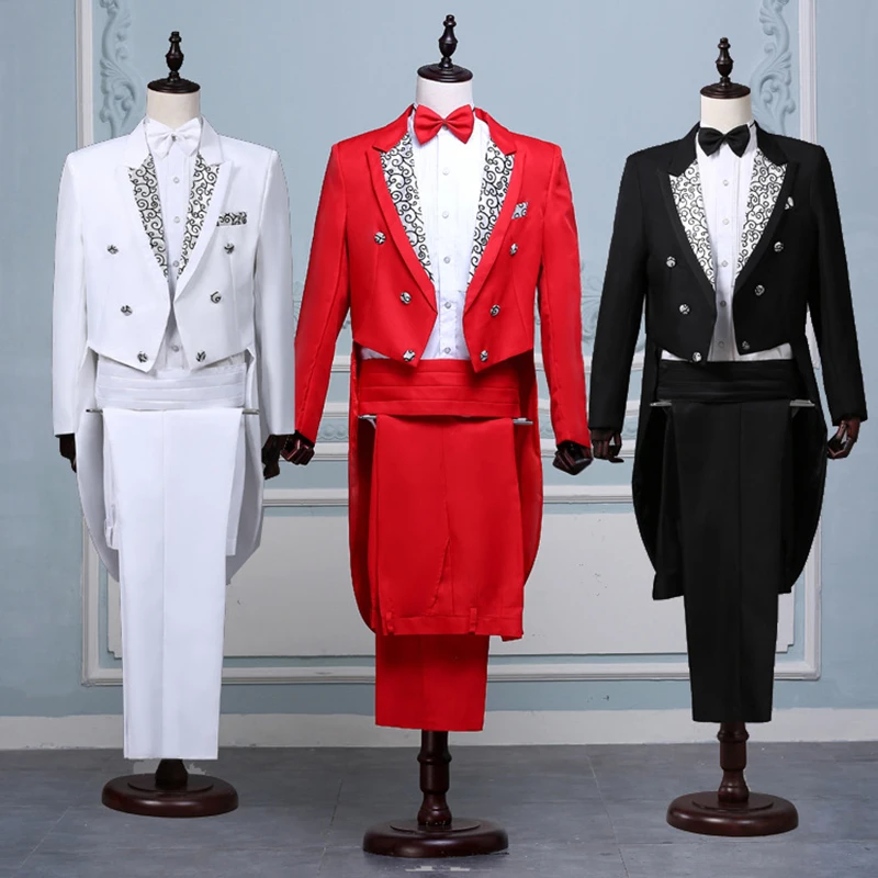 Tuxedo Dress Suits Men Embroidery Shiny Lapel Tail Coat Tuxedo Wedding Groom Tailcoats Party Stage Singer Suits Dress Coat Tails