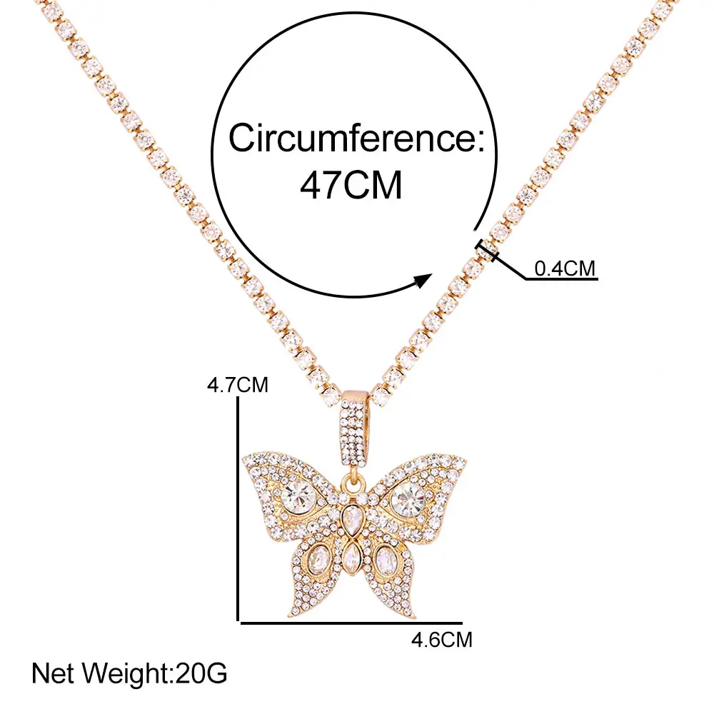 Punk Hiphop Shiny Big Butterfly Pendant Necklace Jewelry Women Wholesale Crystal Rhinestone Animal Tennis Chain Choker New 2021