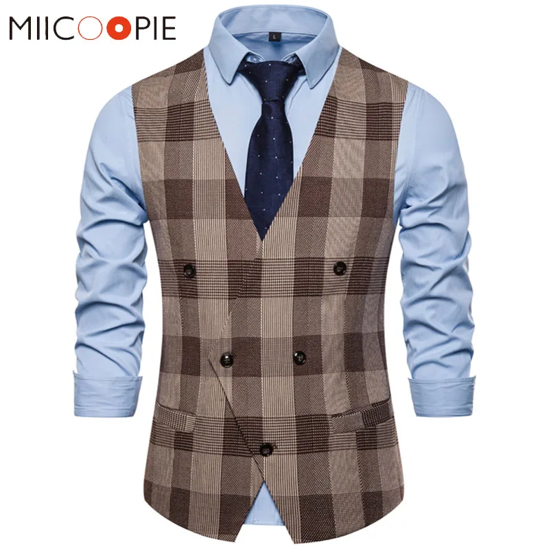 Plaid Waist Coat For Men Fashions Formal Double-breasted Business Wedding Prom Dress Coletes Masculino Mens Vest Fashion Suit