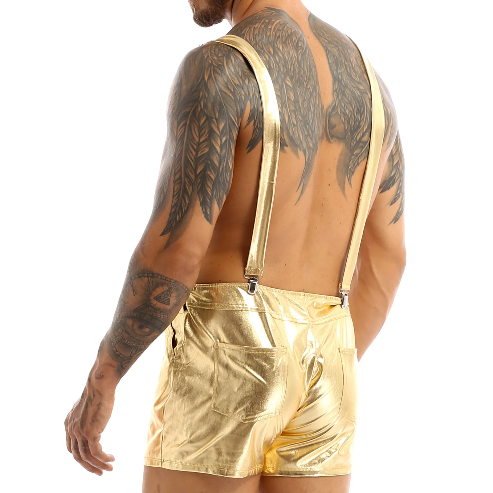 Mannen Metallic Shiny Bib Overalls Jarretel Dungaree Hotpants Shiny Party Carnaval Cosplay Kostuum Festival Clubwear Fancy Dress