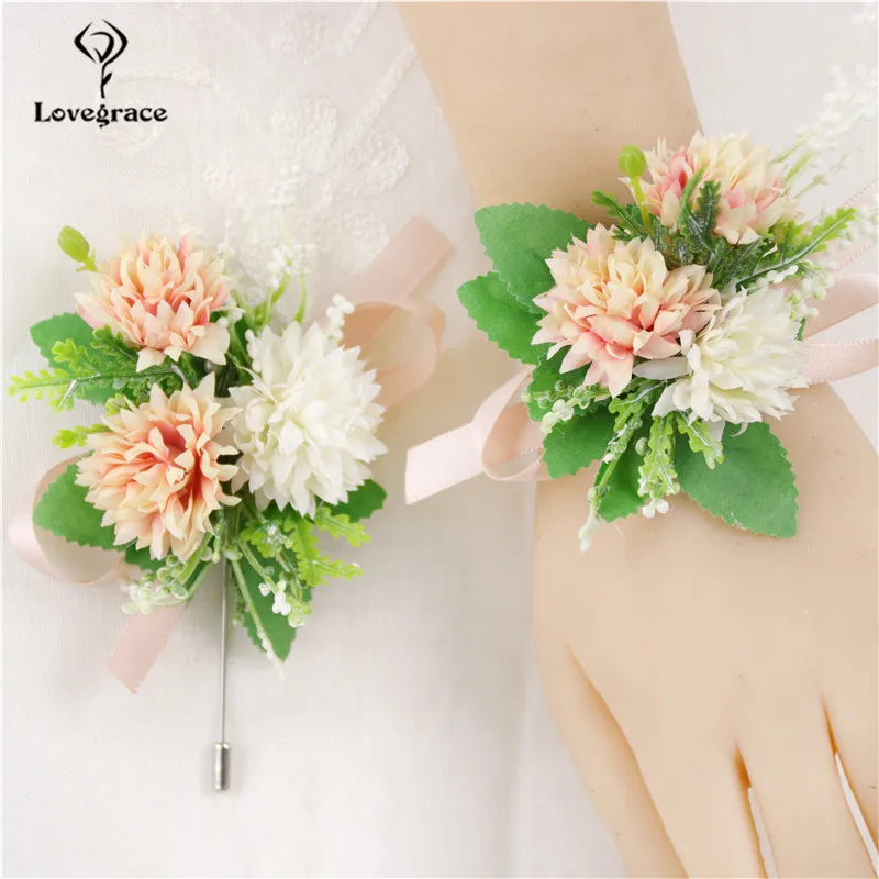 Flor de seda para boda, ramillete y Boutonniere para boda, boda, fiesta de graduación, hombres, pulsera de muñeca Artificial, flor para dama de honor