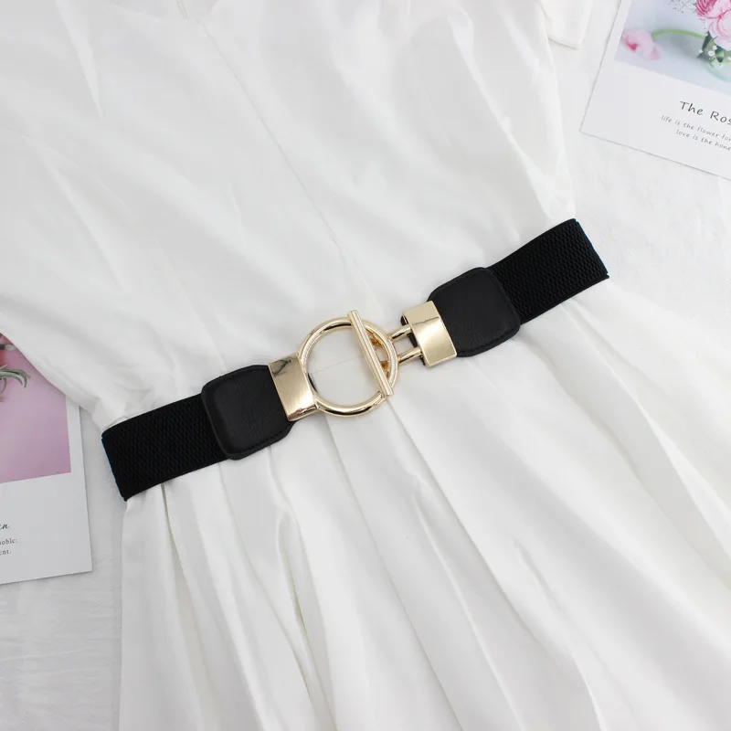 Designer Luxus Mode Mädchen Elastische Gürtel Neue Kleid Rock Elastische Breite Taille Dichtung Gold Runde Schnalle frauen Dekorative Gürtel