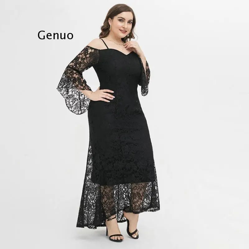 Fashion Black Elegant Flared Sleeves 2021 Spring Party Large Size Lace Evening Mermaid Dress Lady