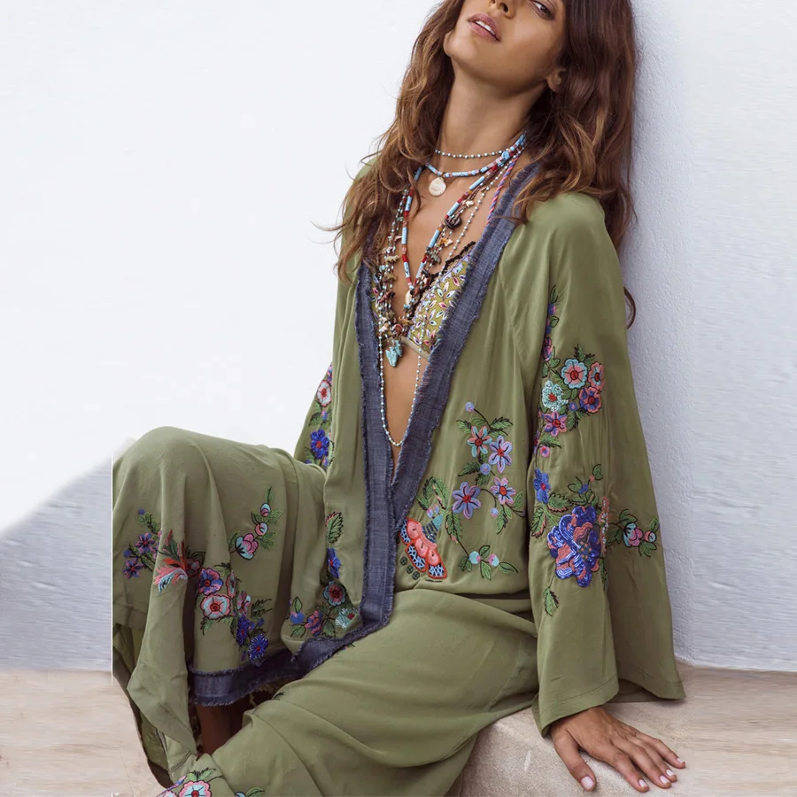 

TEELYNN Long Boho Cardigan Light Green Floral Embroidery Beach Bikini Cover Up Kaftan Kimono Robe Summer Loose Women Blouses