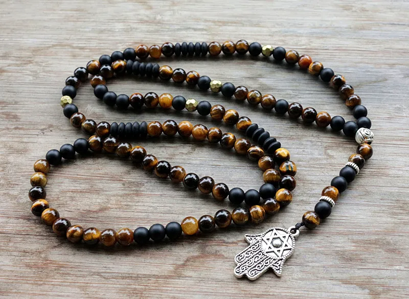 Unique Man\'s necklace with 6mm Natural stone beads and Hamsa Pendant Necklace Dropshipping