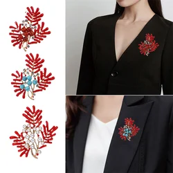 High-end Red Maple Leaf Coral Pearl Brooch Korean Fashion Trend Simulation Corsage Clothing Temperament Ladies Accessories Pin