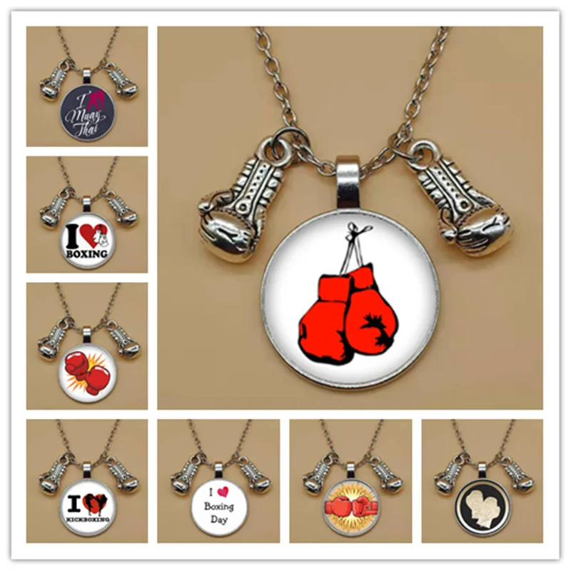 Fashion glass cabochon necklace boxing gloves pendant boxing sports necklace DIY men's jewelry necklace gift