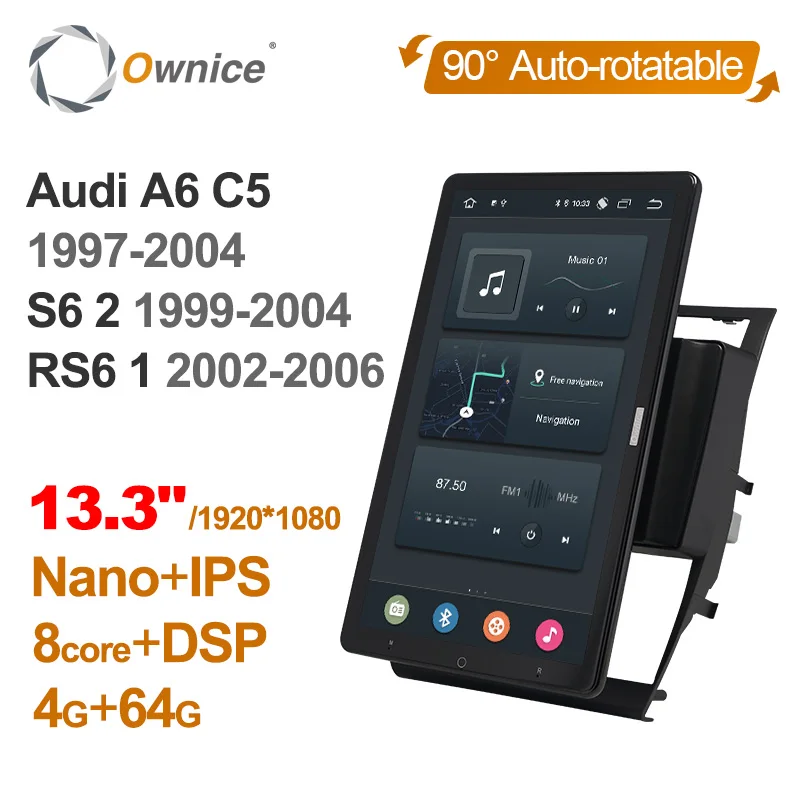 Tesla style 13.3inch PX6 DSP Android 10.0 Car DVD Player For Audi A6 C5 S6 RS6 1997-2006 Auto Rotatable Navigation GPS RDS Radio