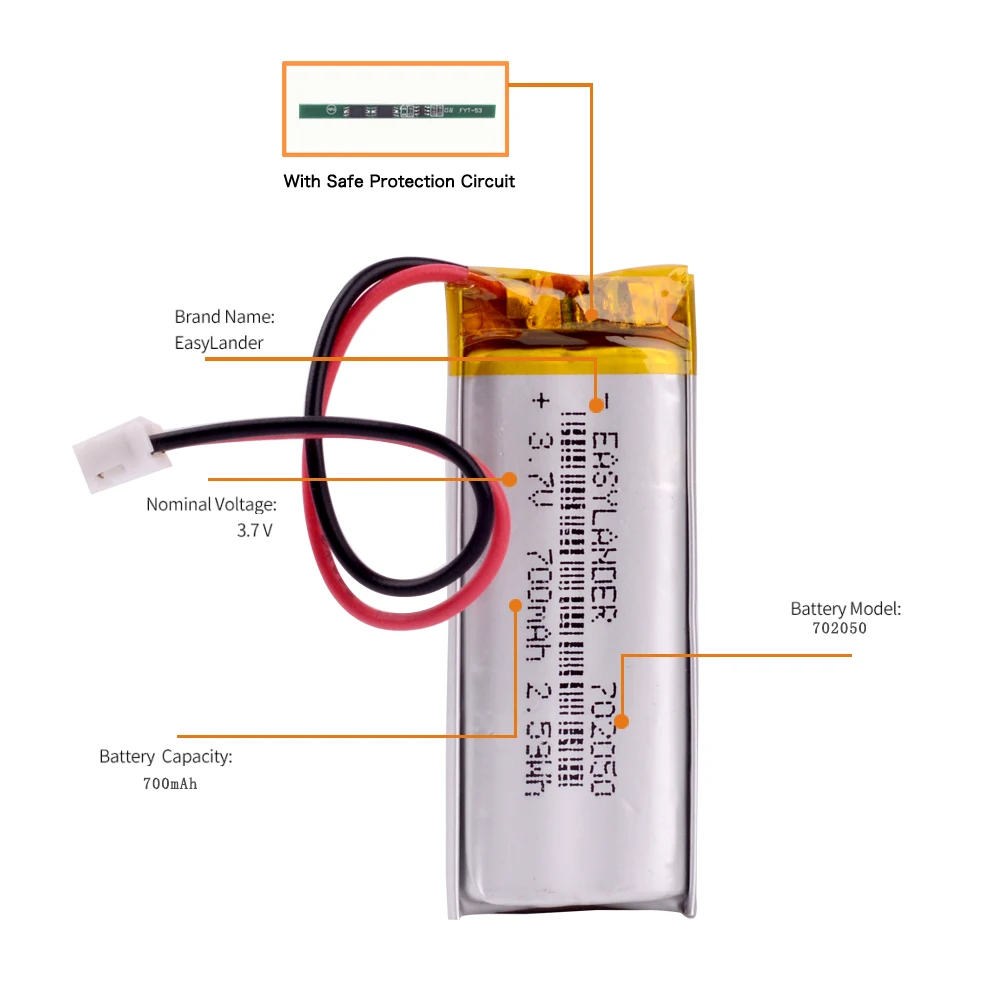 JST2.0 2P 3,7V 700mAh 702050   Bateria recarregável de polímero de íon-lítio para GPS DVC DVR mp4 câmera E-book Phone 5.0