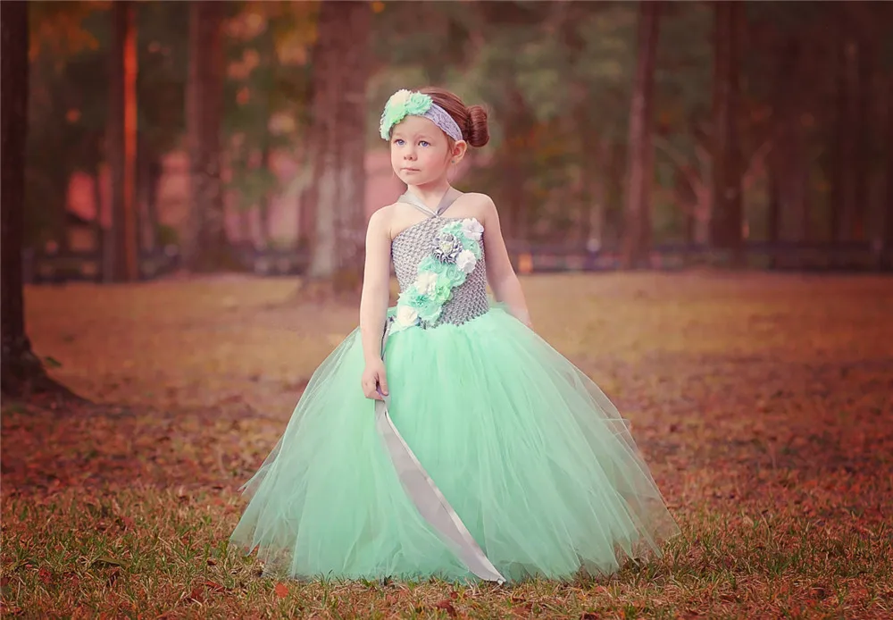 Girls Mint Crochet Flower Tutu Dress Kids Tulle Dress Ball Gown with Straps and Headband Children Birthday Party Costume Dresses