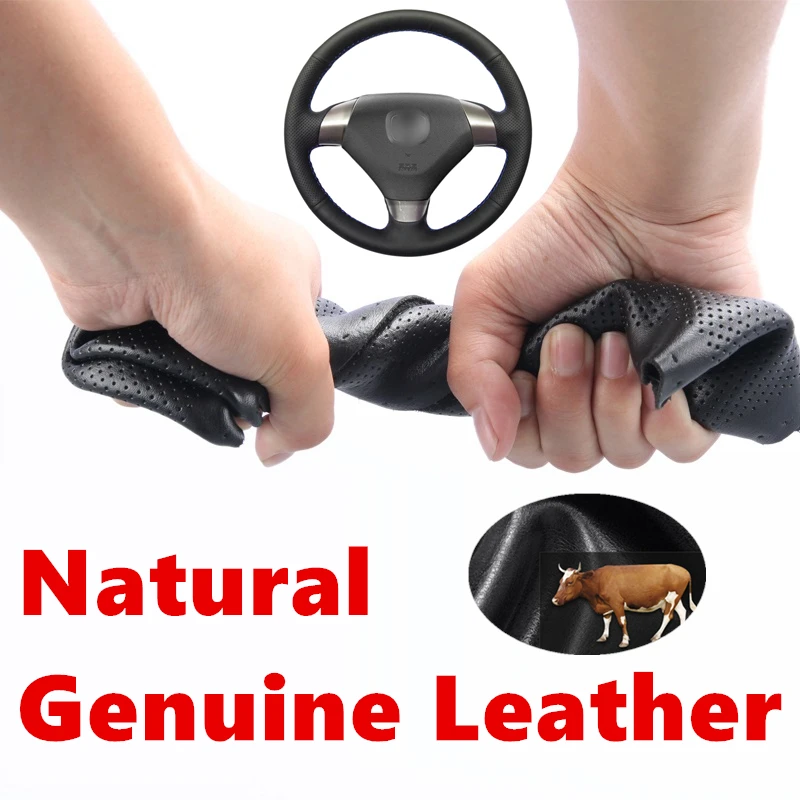 Hand Sewing Black Genuine Calfskin Leather Car Steering Wheel Covers Wrap Brown for Honda Accord 7 Coupe 2003-2007 (3-Spoke)