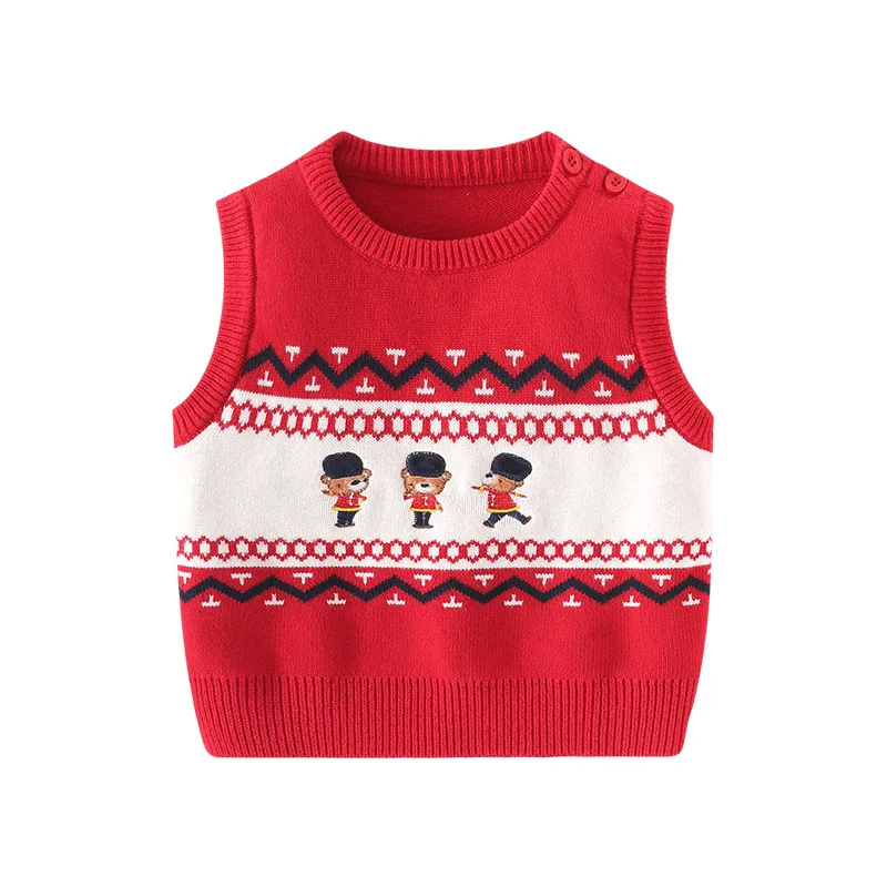 Toddler Boy Soldier Knitted Vest Tops Baby Cartoon Knitwear Children Embroidery Bear Sleeveless Knit Sweater Spring Baby Clothes