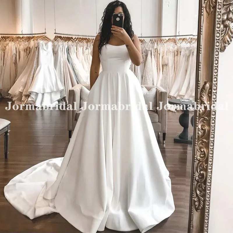 Vestidos de novia de corte en A sin tirantes con bolsillo, cola larga de princesa, vestido de boda de satén blanco personalizado, vestido de novia 2021