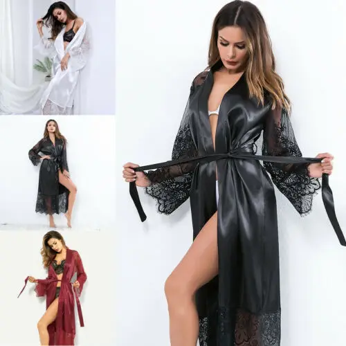 Women Satin Kimono Long Robe Dressing Gown Wedding Bridesmaid Sleepwear Bathrobe Plus Size S-3XL