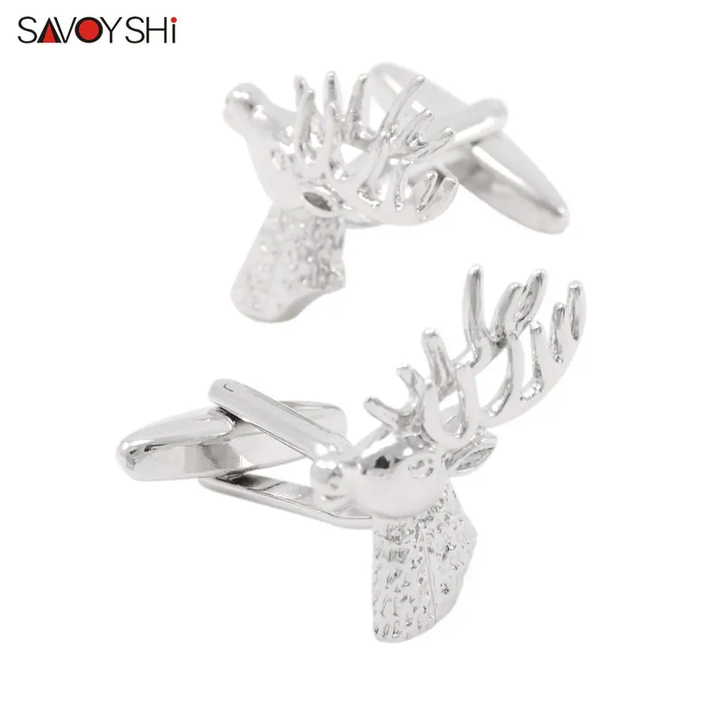 SAVOYSHI Deer Cufflinks for Mens Shirt High Quality Silver Color Animal Cuff link Christmas Gift Man Jewelry Free engraving name