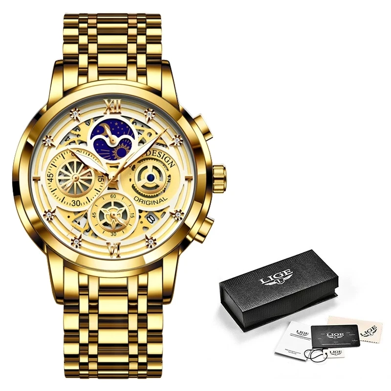 2023 New LIGE Sport Men Watch Top Brand Luxury Gold Stainless Steel Quartz Wrsit Watch Men Fashion Hollow Waterproof Chronograph