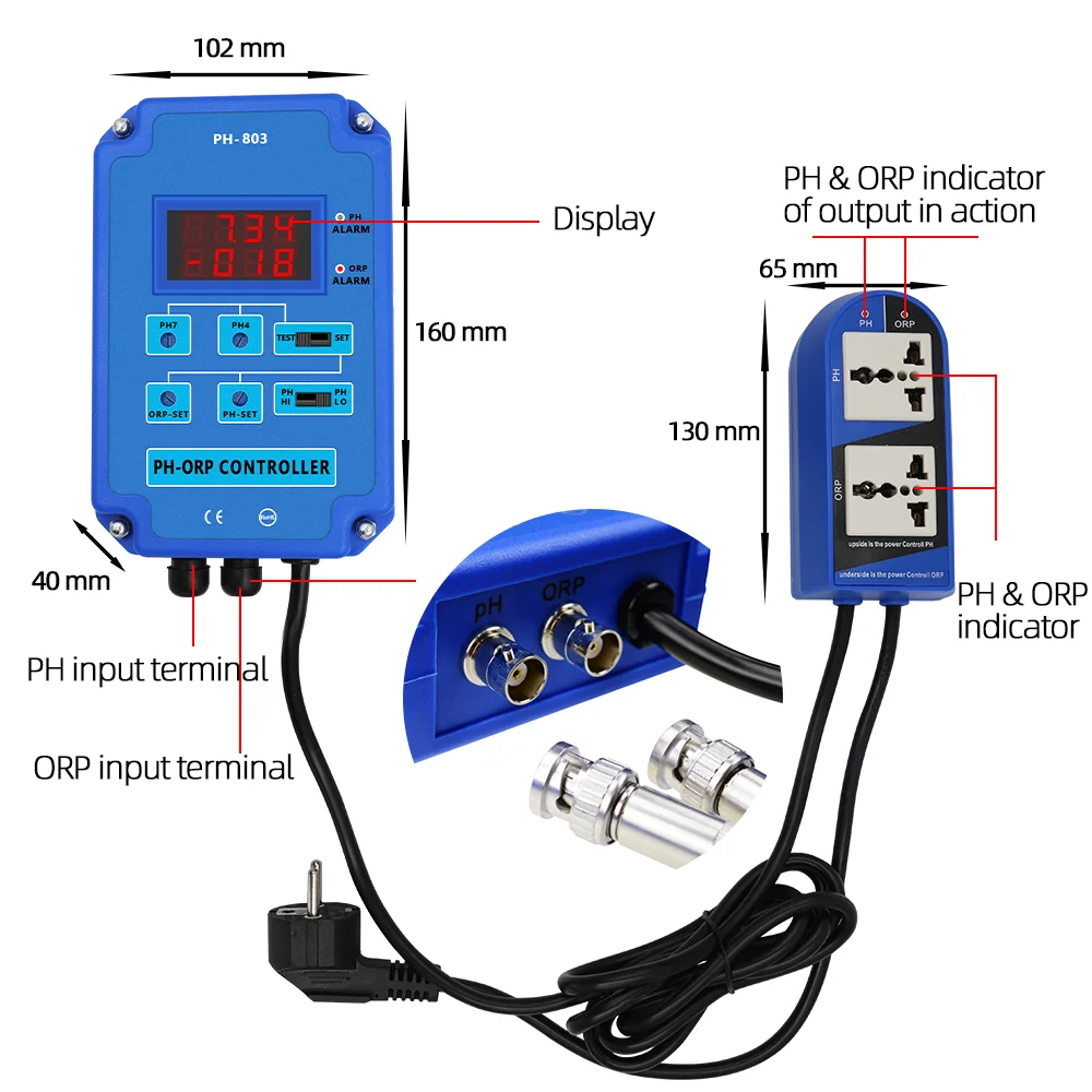 PH-803 Digital 2&1 PH ORP Redox Controller w/ Output Power Relay Monitor for Aquarium Hydroponics Plant Pool Spa BNC 110V  220V