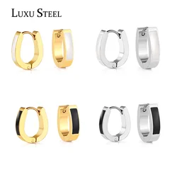 LUXUSTEEL Hoop Earrings For Women Brincos Stainless Steel Round Golden Color Geometry Black Drop Oil Jewelry Bijoux Female