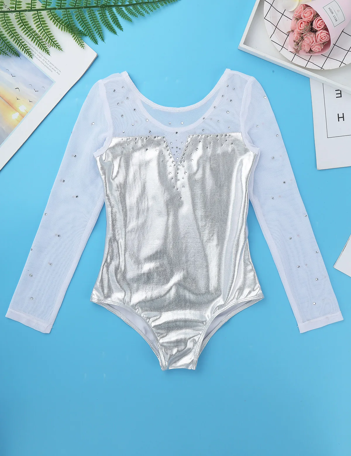 Kids Girls Sparkly Rhinestone Metallic Long Sleeve Mesh Ballet Dance Gymnastics Leotard Bodysuit Jumpsuit Modern Dancewer