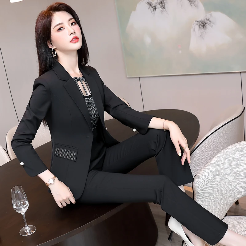 Novelty Red Professional Formal Women Business Suits Long Sleeve Autumn Winter Uniform Designs Pantsuits Female Blazers Set