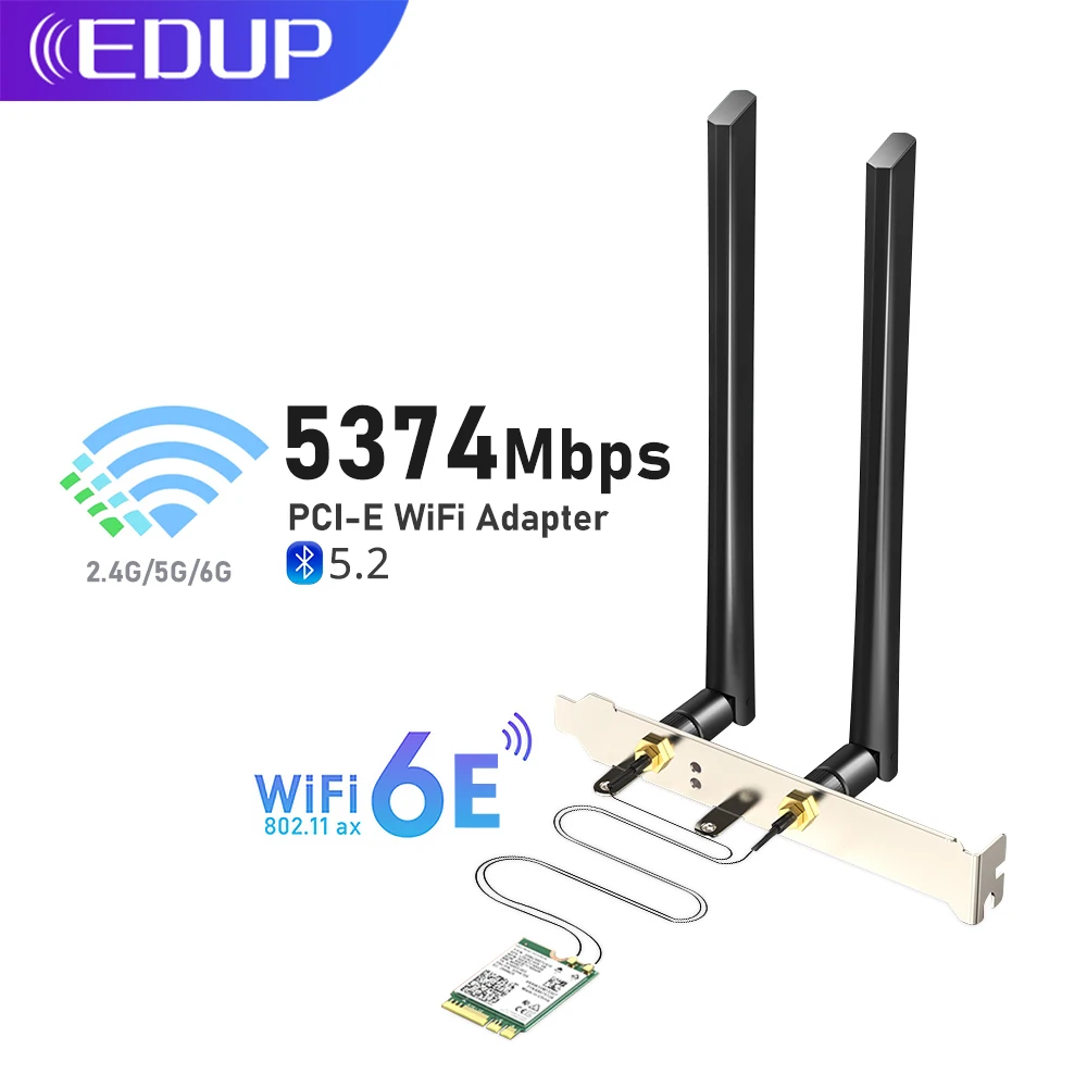 EDUP Wifi 6E Wireless PCIE M.2 Bluetooth 5.3 PCI Expres Network Card 5374Mbps 802.11ax PCI-e AX210NGW With 6dbi Antennas Win10