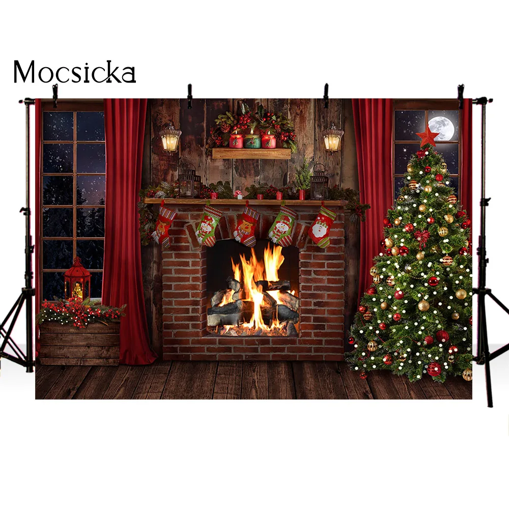 Red Brick Fireplace Christmas Backdrop for Photography Windows Pine Tree X-mas Family Holiday Party Decoration Sock Candle Fire