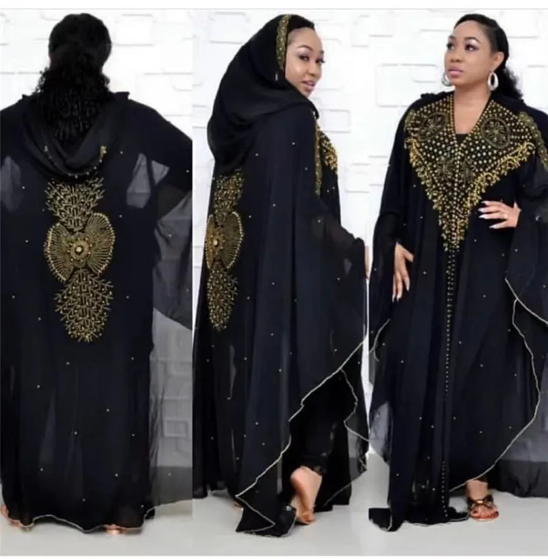 Houseofsd Muslim Women Long Dress Full Sleeve Fashion High Quality Chiffon Diamonds Beads Free Size Abaya With Inner Jilbab