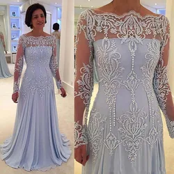 Plus Size Mother Of The Bride Dresses A-Line Long Sleeves Chiffon Lace Beaded Long Groom Mother Dresses For Weddings