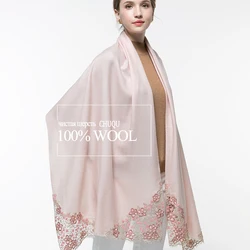 100% Real Wool Pink Scarf Women For Winter Femme Shawls Wraps Warm Wool Pashmina for Ladies Flower Embroidery Cashmere Scarf