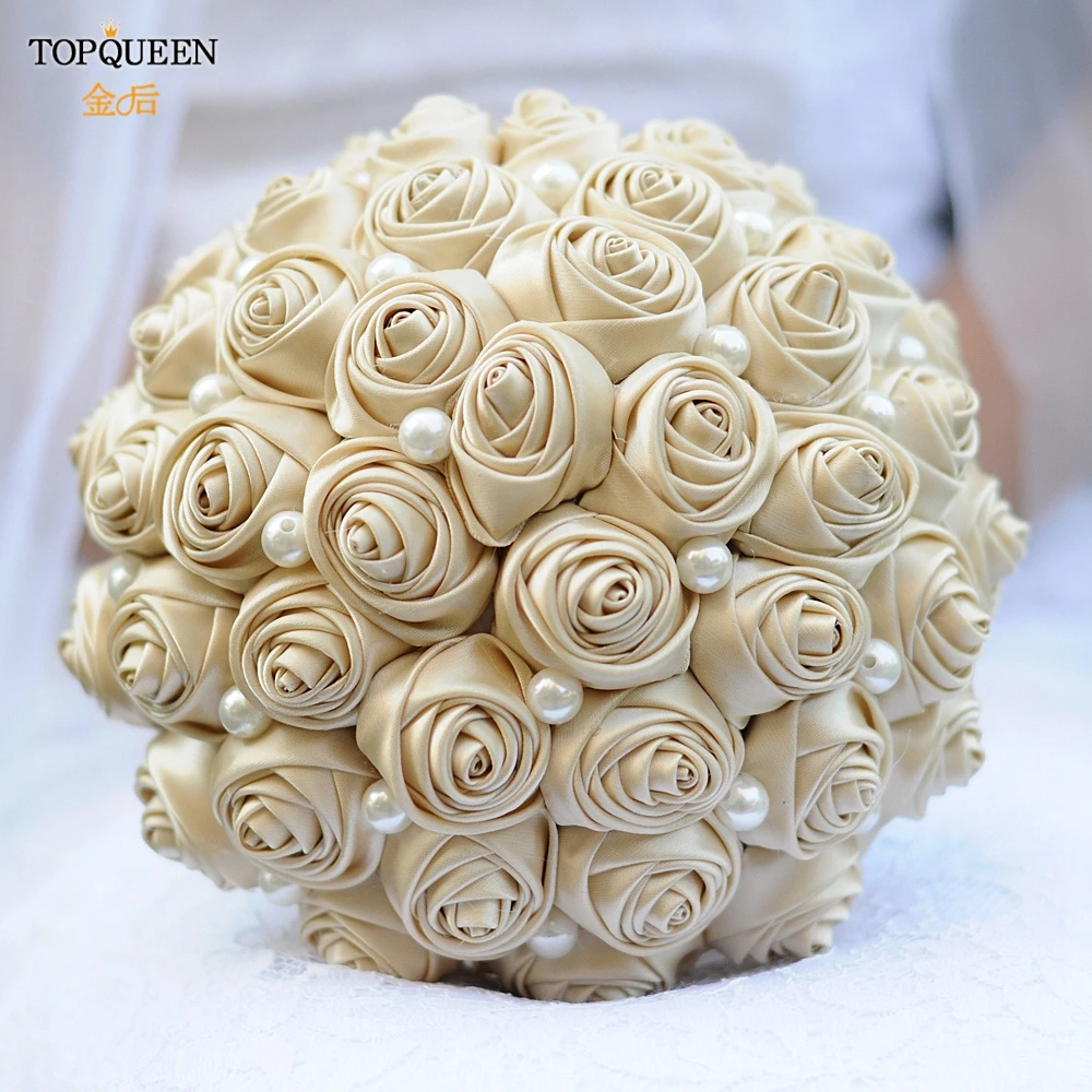 TOPQUEEN F3-CP Bridal Bouquets Artificial Flower Champagne Wedding Bouquet Stunning Handmade Satin Rose Flowers for Bridesmaid