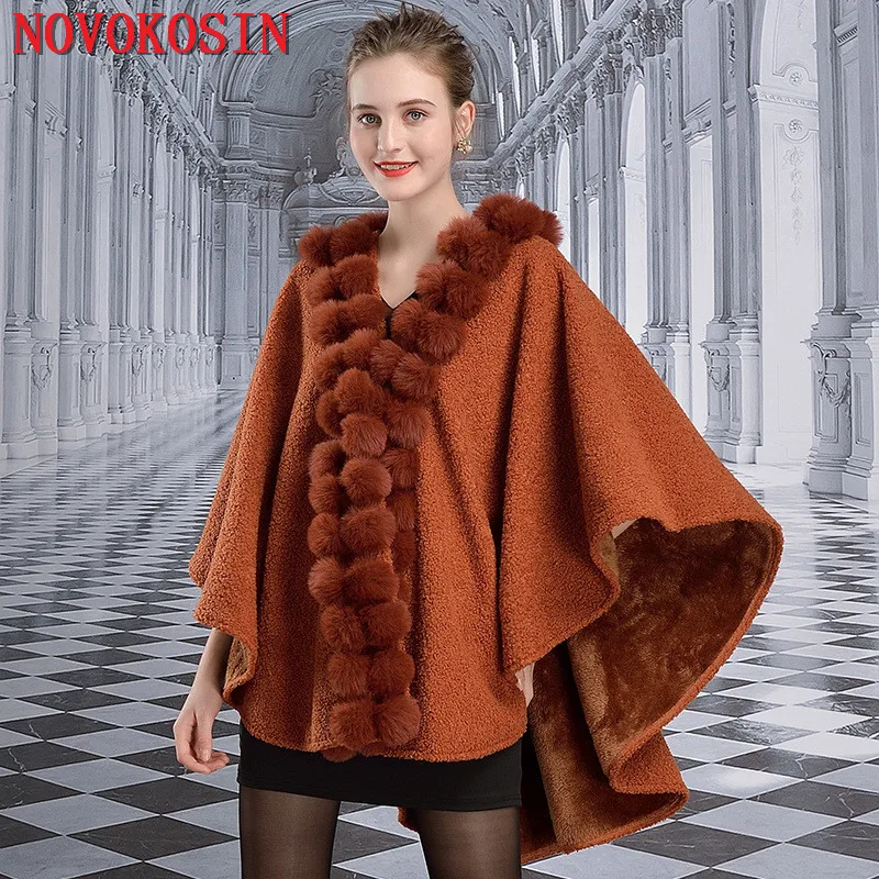 Winter Faux Rabbit Fur Ball Neck Loose Capes Poncho Women Luxury Coat Long Granular Velvet Cardigan Warm Thick Shawl Cappa