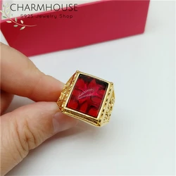 Charmhouse Gold Color Rings for Man Hugh Wide Square Red Stone Finger Ring Adjustable Anillo Bague Homme Anel Trendy Jewelry