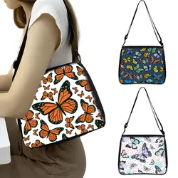 Cute Butterfly Print Canvas Shoulder Bag Women Handbags Girls Underarm Clutch Bags Casual Adjustable Crossbody Bag Gift