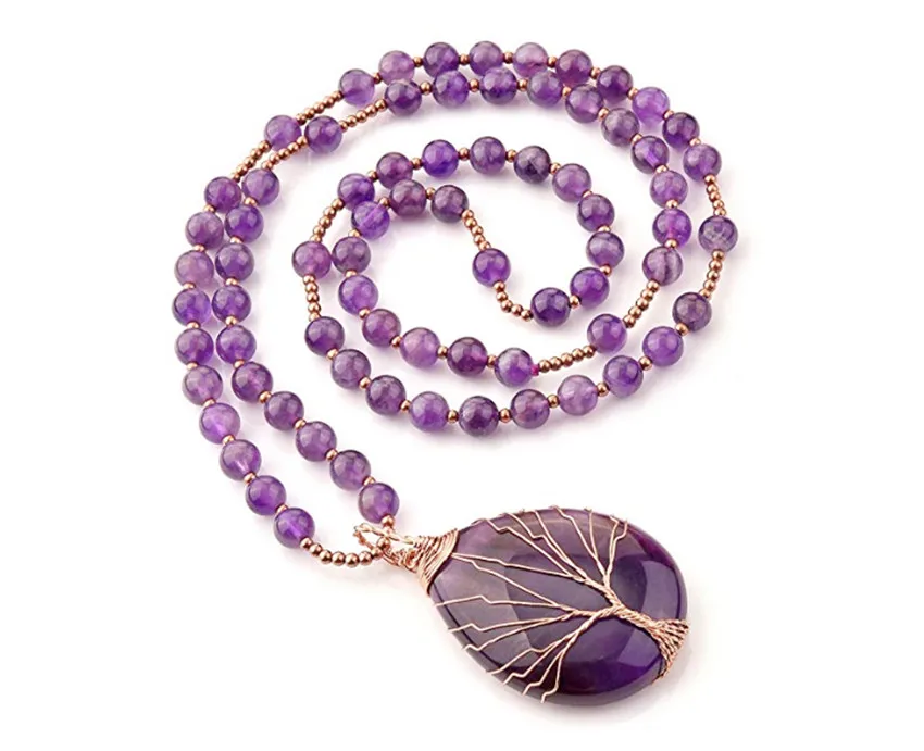 FYJS Unique Jewelry Rose Gold Color Wire Wrap Natural Purple Amethysts Water Drop Stone Pendant Handmade Beads Chain Necklace