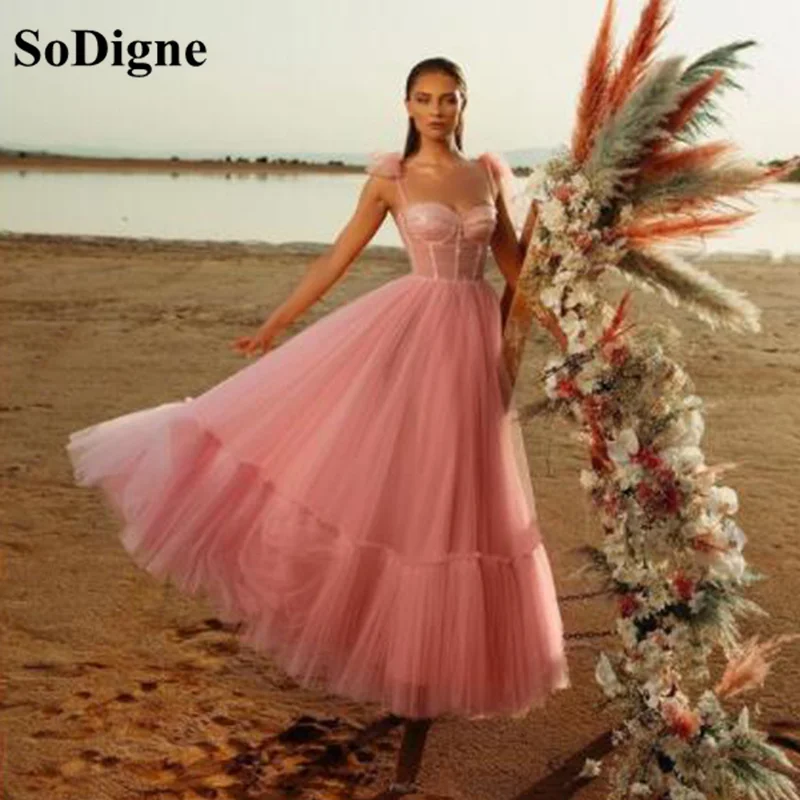 

SoDigne Pink Prom Dress Sweetheart Crumpled Shiny Tulle Ruffles Straps Evening Gown Tiered A-Line Wedding Party Dresses