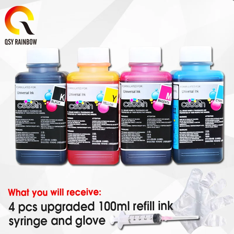 QSYRAINBOW DYE 100ml di PULIZIA di INCHIOSTRO ricarica di inchiostro compatibile per hp 302 301 21 22 652 603 per canon tutti i modelli