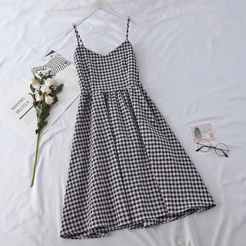 CLEARANCE COST Women Checked Cami Dress V Neck High Waist Spaghetti Strap Midi Plaid Princess Dress Vintage Korean Style